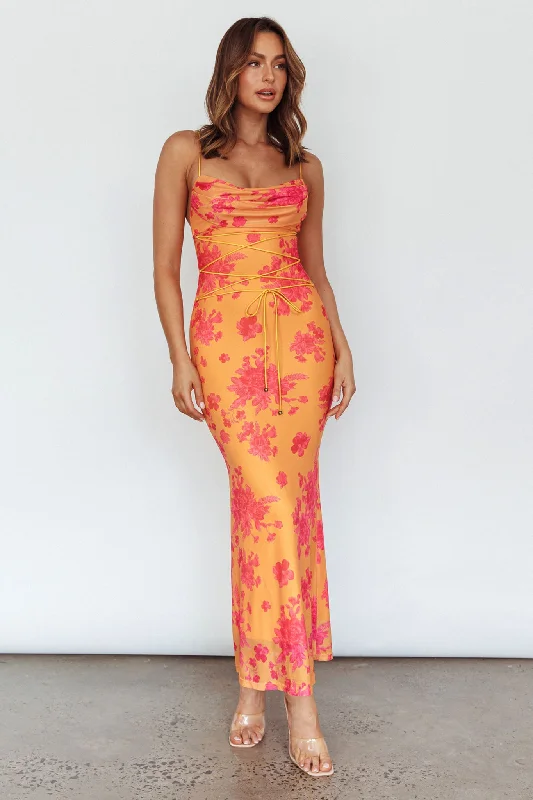 Long - Sleeve Women Dress in Velvet for a Luxurious Winter LookTeava Laced Waist Maxi Dress Floral Orange Long - Sleeve Women Dress in Velvet for a Luxurious Winter LookTeava Laced Waist Maxi Dress Floral Orange