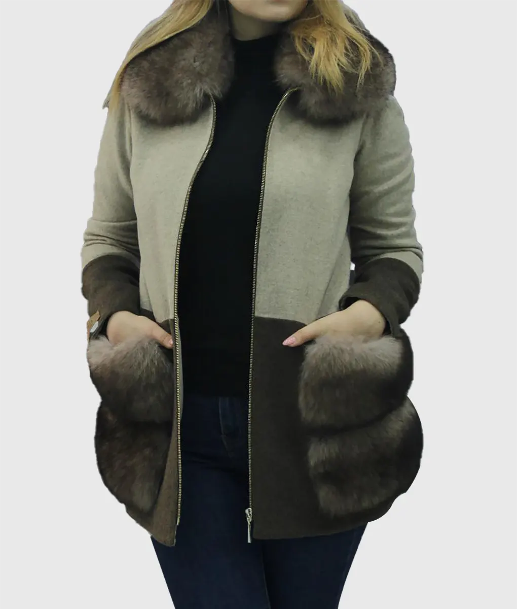 Real Fur Trimmed Denim JacketsUlsa Women Brown Lamb Fur Coat Trim With Fox Fur Collar Real Fur Trimmed Denim JacketsUlsa Women Brown Lamb Fur Coat Trim With Fox Fur Collar