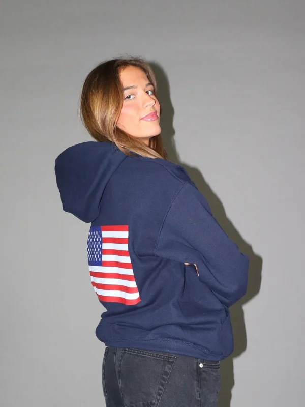 Women's sweatshirt with a mesh panel insert for breathability during workoutsUS FLAG HOODIE (rygprint) - NAVY