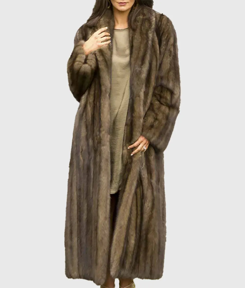 Real Fur Trimmed Velvet Dresses​Weslie Women Brown Long Russian Sable Fur Coat