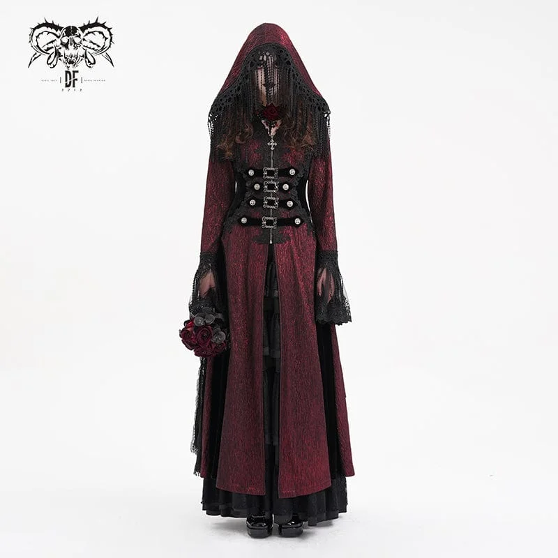 Women's moto jackets with a lace - up front for a unique and stylish touchWomen's Gothic Buckle-up Tassels Jacket with Hood Red Women's moto jackets with a lace - up front for a unique and stylish touchWomen's Gothic Buckle-up Tassels Jacket with Hood Red