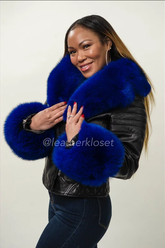 Women's trench coats with a removable belt for customizable stylingWomen's Jay Biker Full Fox Fur [Royal Blue Fox]