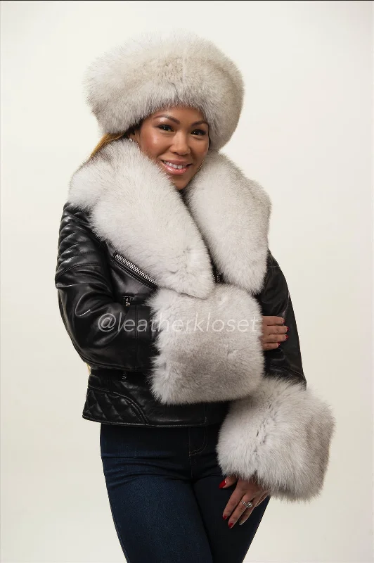 Women's denim jackets with a patchwork design for a bohemian and artsy styleWomen's Jay Biker Full Fox Fur With Headband Women's denim jackets with a patchwork design for a bohemian and artsy styleWomen's Jay Biker Full Fox Fur With Headband