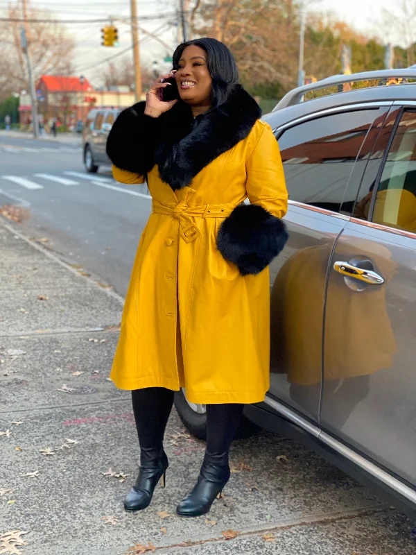 Women's pea coats in a plus - size fit for a flattering and warm winter coatWomen's Bumble Bee Leather Trench With Full Fox Fur [Yellow/Black]