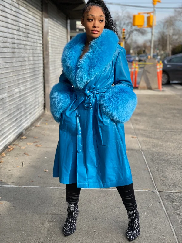 Women's double - breasted tweed jackets in classic colors for a sophisticated office lookWomen's Royal Blue Leather Trench With Full Fox Fur Women's double - breasted tweed jackets in classic colors for a sophisticated office lookWomen's Royal Blue Leather Trench With Full Fox Fur