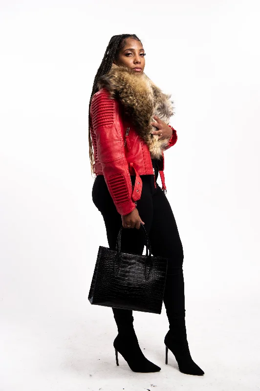 Women's cropped leather jackets with silver zippers for a punk - inspired outfitWomen's Trey Biker Red Oversized Fox Collar [Raccoon Fur]