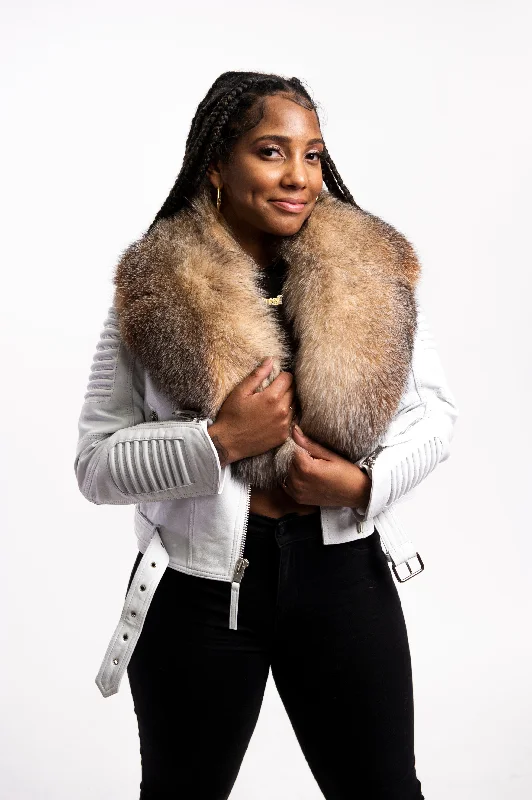 Women's military - style jackets with epaulets for a tough and fashionable appearanceWomen's Trey Biker White Oversized Fox Collar [Crystal Fox Fur]