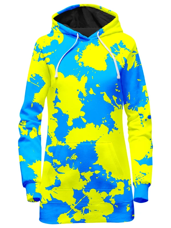 Women's hoodie with a glittery print for a glamorous and sparkly appearanceYellow and Blue Paint Splatter Hoodie Dress Women's hoodie with a glittery print for a glamorous and sparkly appearanceYellow and Blue Paint Splatter Hoodie Dress