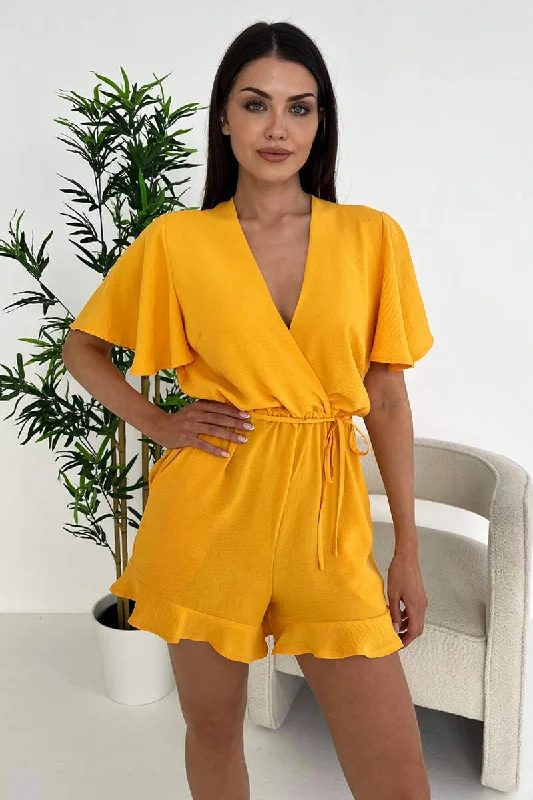 Women jumpsuits with a cinched waist for a defined silhouetteYellow Butterfly Sleeve Wrap Top Tie Waist Playsuit Women jumpsuits with a cinched waist for a defined silhouetteYellow Butterfly Sleeve Wrap Top Tie Waist Playsuit