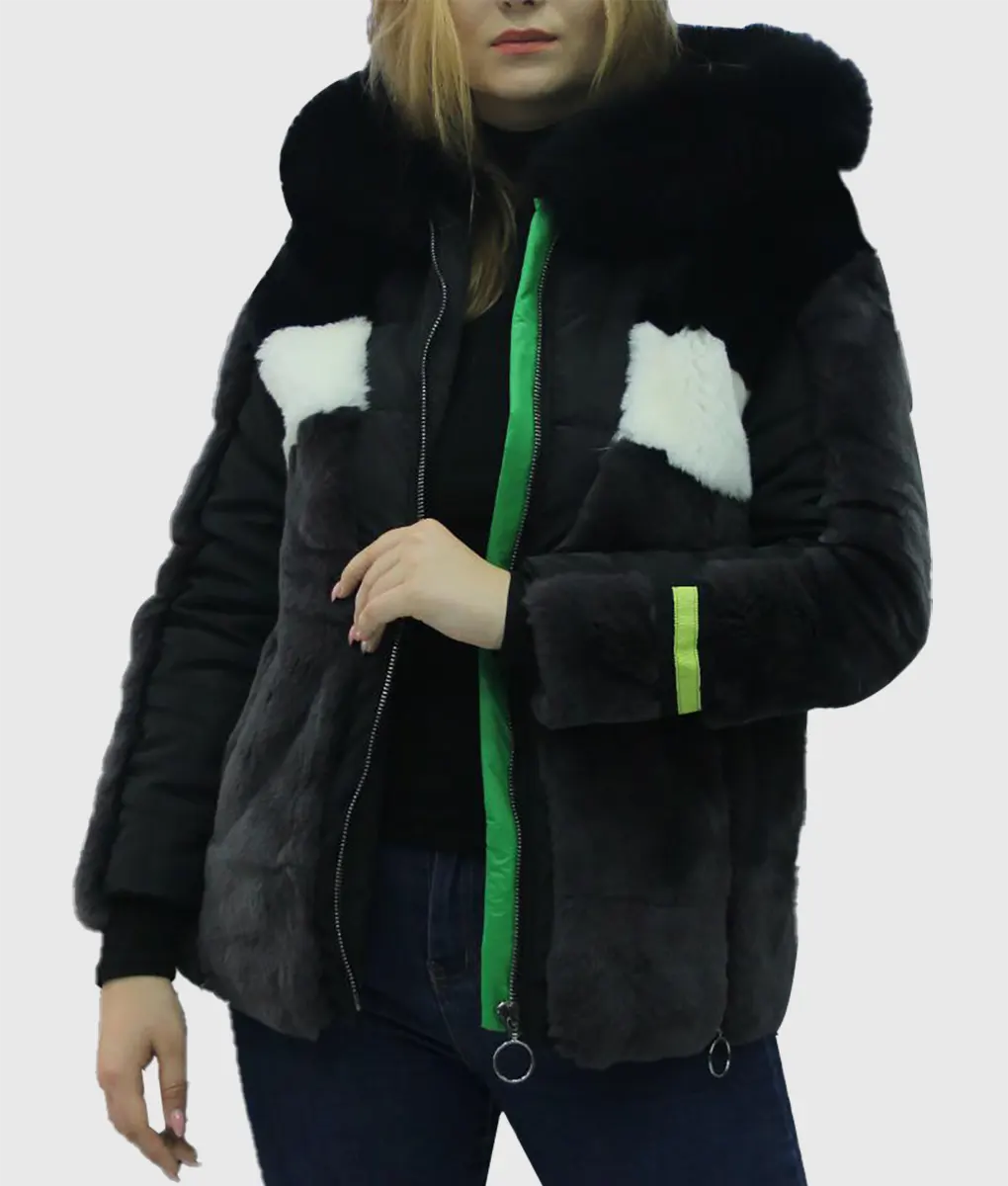 Real Fur Trimmed Satin Dresses​Zen Women Black Hooded Mink Fur Jacket