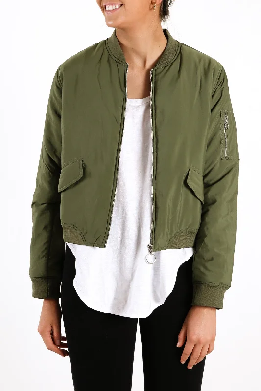 Women's cropped leather jackets with silver zippers for a punk - inspired outfitZoe Bomber Jacket Khaki