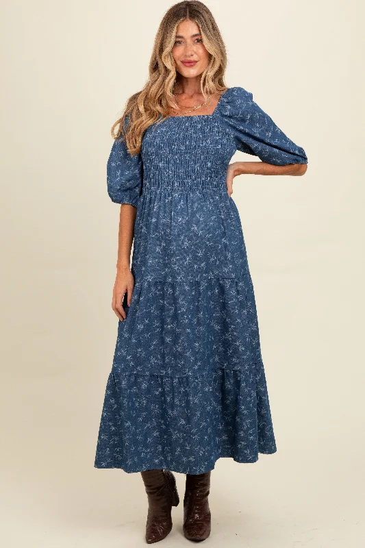 Midi dresses with bow accents for a sweet and charming lookBlue Chambray Printed Smocked Maternity Midi Dress Midi dresses with bow accents for a sweet and charming lookBlue Chambray Printed Smocked Maternity Midi Dress