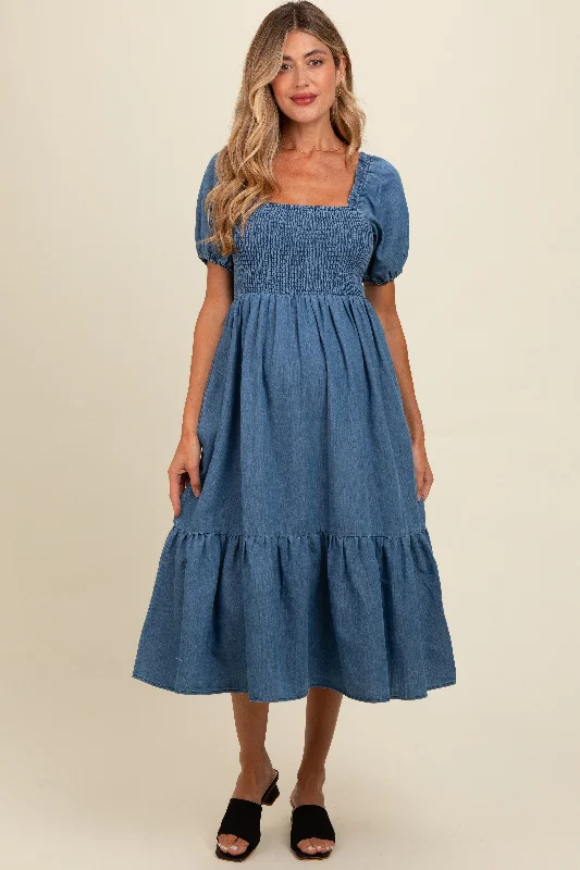 Midi dresses with pleated bodices for a classic and tailored lookBlue Vintage Wash Chambray Smocked Maternity Midi Dress Midi dresses with pleated bodices for a classic and tailored lookBlue Vintage Wash Chambray Smocked Maternity Midi Dress
