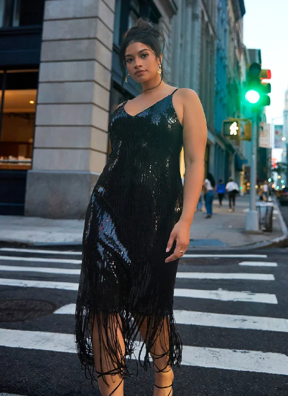 Midi dresses with puff sleeves for a vintage - inspired lookChiara Sequin Fringe Midi Slip Dress Midi dresses with puff sleeves for a vintage - inspired lookChiara Sequin Fringe Midi Slip Dress