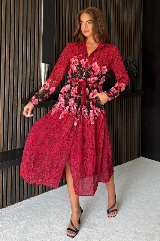 Plaid midi dresses for a fall - themed family gatheringEverly Red and Pink Floral Shirt Midi Dress Plaid midi dresses for a fall - themed family gatheringEverly Red and Pink Floral Shirt Midi Dress
