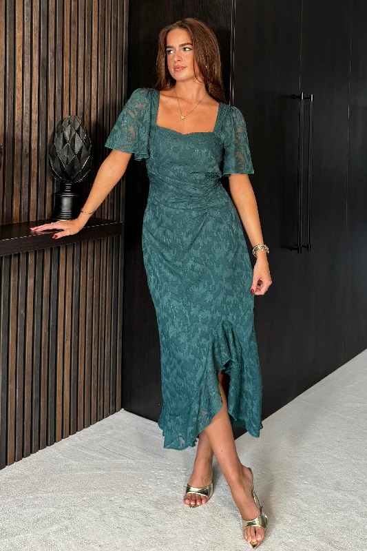 Midi dresses with metallic threads for a glamorous evening eventHeidi Floral Burnout Ruched Midi Dress Green
