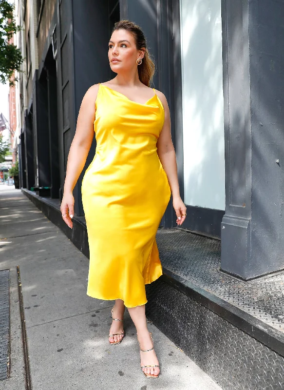 Midi dresses with gathered skirts for a full and flowing silhouetteHigh Key Satin Cowl Neck Midi Shift Dress - Yellow Midi dresses with gathered skirts for a full and flowing silhouetteHigh Key Satin Cowl Neck Midi Shift Dress - Yellow