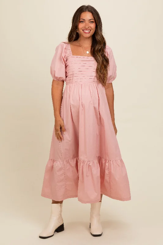 Midi dresses with mesh inserts for a trendy and breathable optionLight Pink Pleated Bodice Puff Sleeve Maternity Midi Dress Midi dresses with mesh inserts for a trendy and breathable optionLight Pink Pleated Bodice Puff Sleeve Maternity Midi Dress