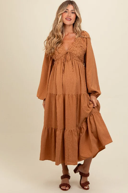 Midi dresses with tiered skirts for a bohemian festival lookMocha Contrast Lace Bodice Tiered Maternity Midi Dress Midi dresses with tiered skirts for a bohemian festival lookMocha Contrast Lace Bodice Tiered Maternity Midi Dress