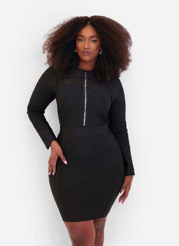 Midi dresses with one - shoulder designs for a modern and asymmetric stylePressure Long Sleeve Zipper Bodice Bandage Mini Dress - Black Midi dresses with one - shoulder designs for a modern and asymmetric stylePressure Long Sleeve Zipper Bodice Bandage Mini Dress - Black