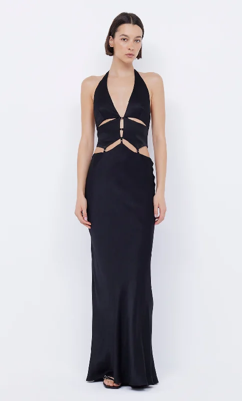 Maxi dresses with fringe trim for a bohemian vibeALABAMA HALTER DRESS - BLACK
