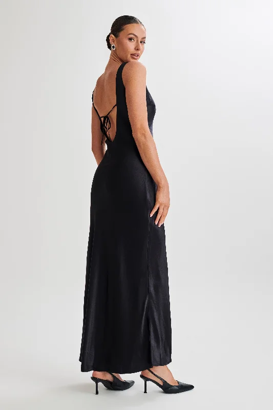 Printed maxi dresses with abstract patterns for an artistic lookAnnalise Satin Maxi Dress With Tie - Black Printed maxi dresses with abstract patterns for an artistic lookAnnalise Satin Maxi Dress With Tie - Black