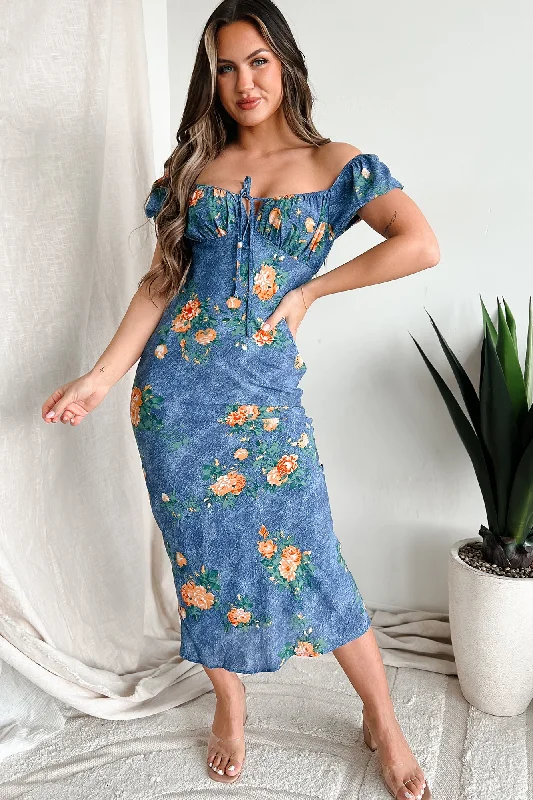 Ruffled maxi dresses with a tiered skirt for added volumeApril Showers Floral Maxi Dress (Blue) Ruffled maxi dresses with a tiered skirt for added volumeApril Showers Floral Maxi Dress (Blue)