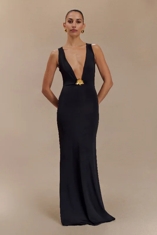 Leather maxi dresses for an edgy and bold appearanceBeck Plunge Maxi Dress With Floral Hardware - Black Leather maxi dresses for an edgy and bold appearanceBeck Plunge Maxi Dress With Floral Hardware - Black