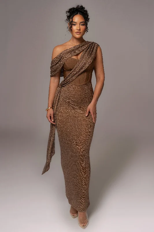 Sequined maxi dresses for formal evening galasBronze Metallic Celestina Draped Maxi Dress Sequined maxi dresses for formal evening galasBronze Metallic Celestina Draped Maxi Dress