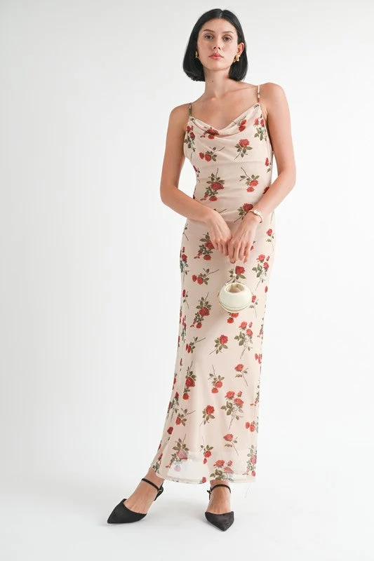 Floral print maxi dresses for summer garden partiesFloral Cowl Neck Maxi Dress