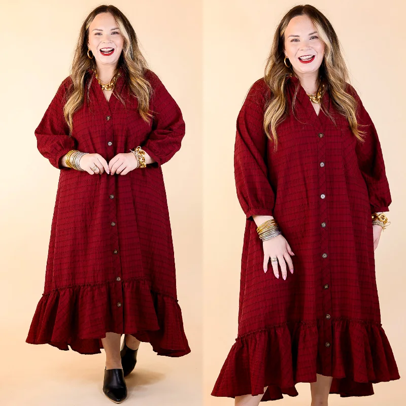 Maxi dresses with ribbed textures for a unique and tactile lookEasy to Please Button Up Ruffle Hem Midi Dress in Maroon Plaid Maxi dresses with ribbed textures for a unique and tactile lookEasy to Please Button Up Ruffle Hem Midi Dress in Maroon Plaid