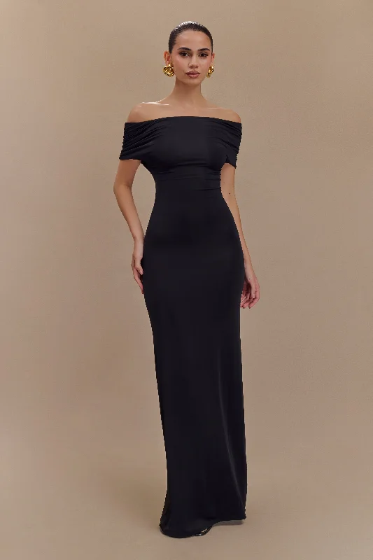 Maxi dresses with a V - neckline for a flattering and elongating shapeImogen Off Shoulder Slinky Maxi Dress - Black Maxi dresses with a V - neckline for a flattering and elongating shapeImogen Off Shoulder Slinky Maxi Dress - Black