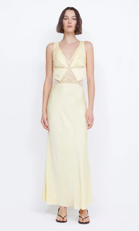 Polyester maxi dresses for easy - care and durabilityJULIETTE V NECK MAXI DRESS - BUTTER YELLOW Polyester maxi dresses for easy - care and durabilityJULIETTE V NECK MAXI DRESS - BUTTER YELLOW