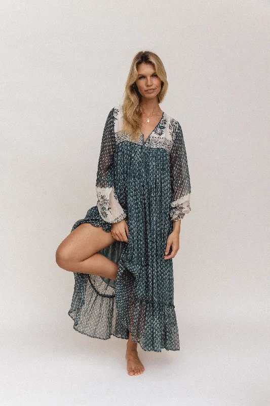 Maxi dresses with pom - pom trims for a playful and festive lookRooh Maxi Dress ~ Pine Maxi dresses with pom - pom trims for a playful and festive lookRooh Maxi Dress ~ Pine