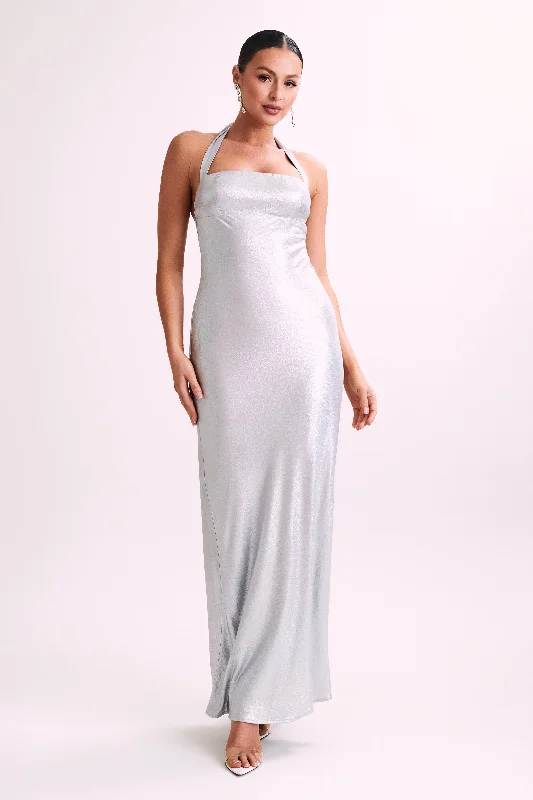 Maxi dresses with a ruched bodice for a more form - fitting and feminine shapeSabra Satin Halter Maxi Dress - Silver Maxi dresses with a ruched bodice for a more form - fitting and feminine shapeSabra Satin Halter Maxi Dress - Silver