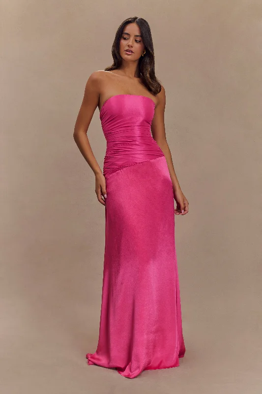 Denim maxi dresses with frayed hems for a casual lookSerena Strapless Taffeta Maxi Dress - Crimson Pink Denim maxi dresses with frayed hems for a casual lookSerena Strapless Taffeta Maxi Dress - Crimson Pink