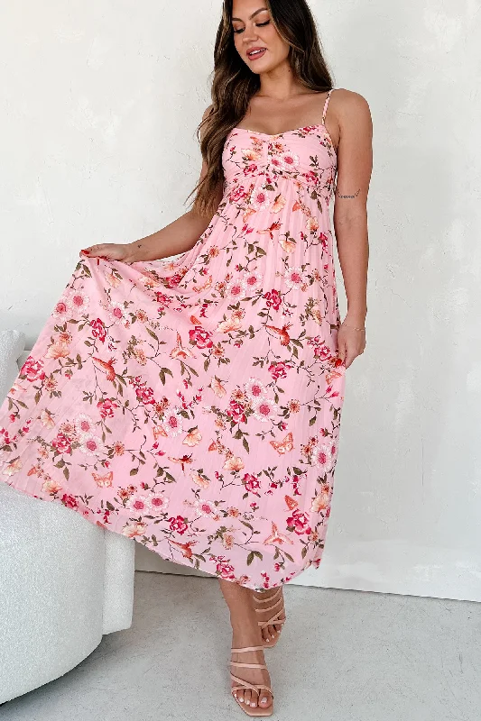 Floral print maxi dresses for summer garden partiesSweet By Nature Pleated Floral/Bird Print Dress (Pink Multi) Floral print maxi dresses for summer garden partiesSweet By Nature Pleated Floral/Bird Print Dress (Pink Multi)