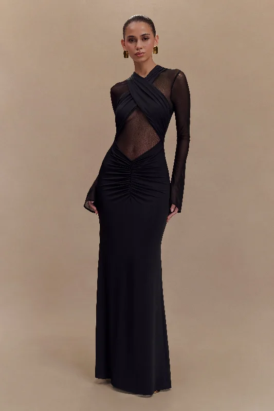 Maxi dresses with a cinched waist for a defined silhouetteTania Slinky And Mesh Long Sleeve Maxi Dress - Black Maxi dresses with a cinched waist for a defined silhouetteTania Slinky And Mesh Long Sleeve Maxi Dress - Black