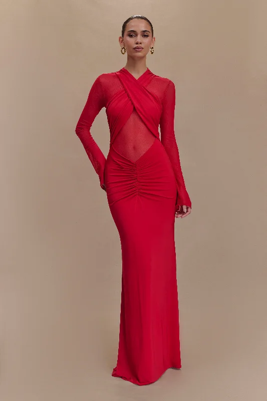 Maxi dresses with a paisley print for a classic and elegant styleTania Slinky And Mesh Long Sleeve Maxi Dress - Ruby Maxi dresses with a paisley print for a classic and elegant styleTania Slinky And Mesh Long Sleeve Maxi Dress - Ruby