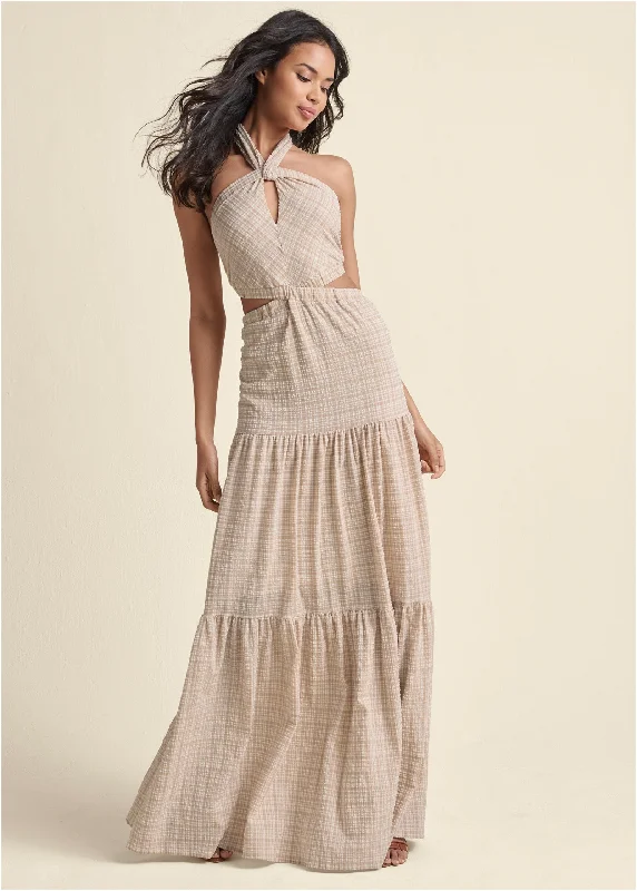 Denim maxi dresses with frayed hems for a casual lookCut Out Maxi Dress - Off White