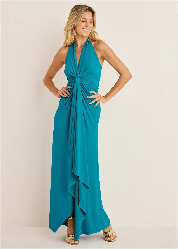 Maxi dresses with embroidered floral motifs for a unique designPlunging Knot Maxi Dress - Teal Maxi dresses with embroidered floral motifs for a unique designPlunging Knot Maxi Dress - Teal