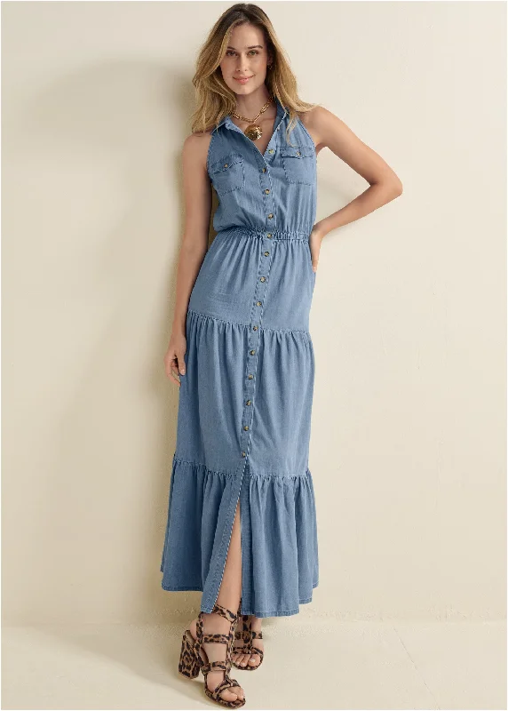 Maxi dresses with a belted empire waist for a more defined and flattering silhouetteChambray Tiered Maxi Dress - Medium Wash Maxi dresses with a belted empire waist for a more defined and flattering silhouetteChambray Tiered Maxi Dress - Medium Wash
