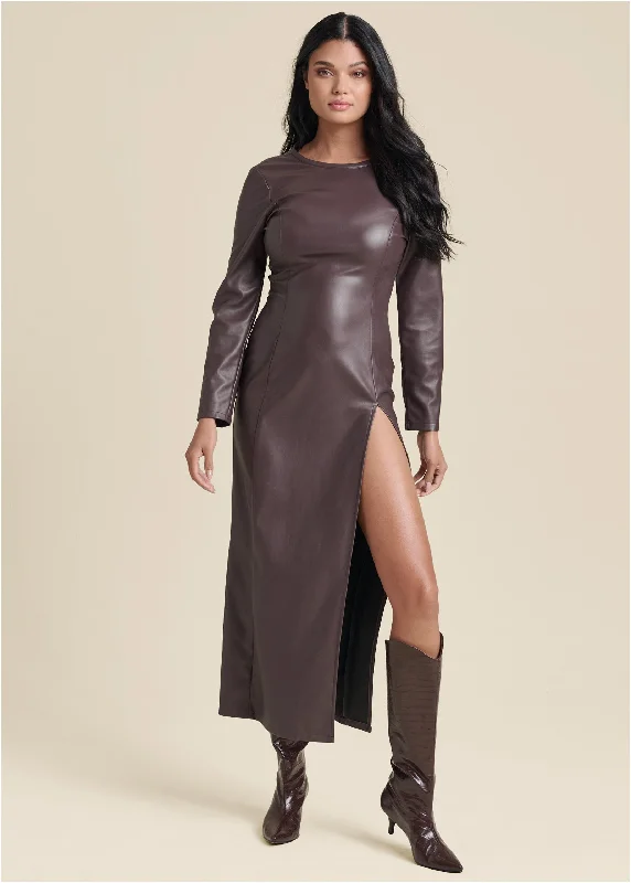 Maxi dresses with fringe trim for a bohemian vibeFaux Leather Column Maxi - Dark Brown Maxi dresses with fringe trim for a bohemian vibeFaux Leather Column Maxi - Dark Brown