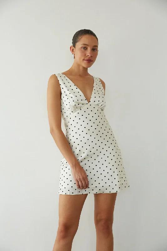 Sheer mini dresses with lace insertsAnnie Polka Dot Satin Mini Dress