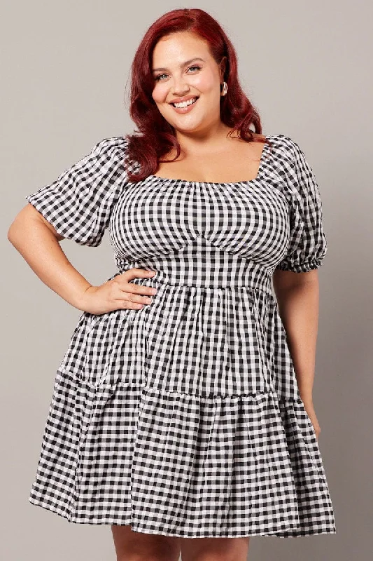 Plaid mini dresses for fall fashionBlack Check Gingham Sweetheart Mini Dress