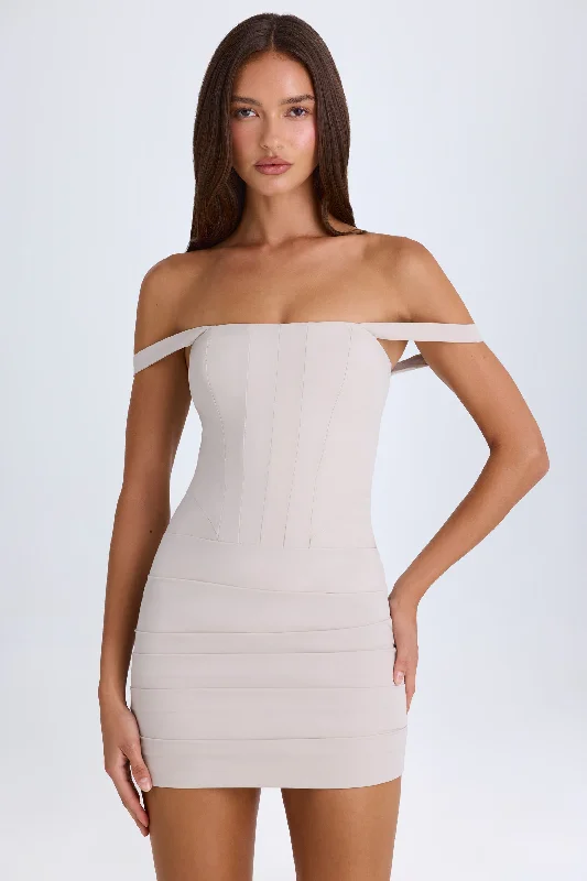 Mini dresses with pleated skirts for a classic lookOff-Shoulder Corset Mini Dress in Taupe Mini dresses with pleated skirts for a classic lookOff-Shoulder Corset Mini Dress in Taupe