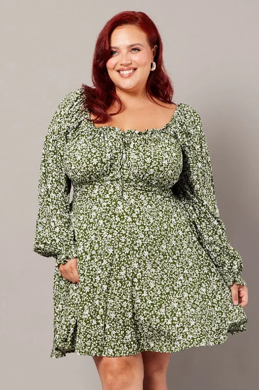 Ruffled mini dresses for a romantic touchGreen Ditsy Long Sleeve Tie Mini Dress