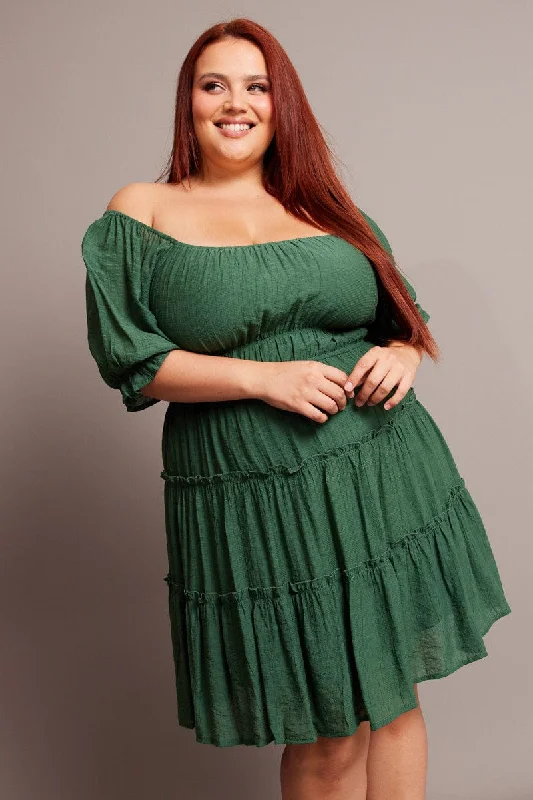 Mini dresses with button - down frontsGreen Mini Dress With Elastic Waist And Frill Skirt Mini dresses with button - down frontsGreen Mini Dress With Elastic Waist And Frill Skirt