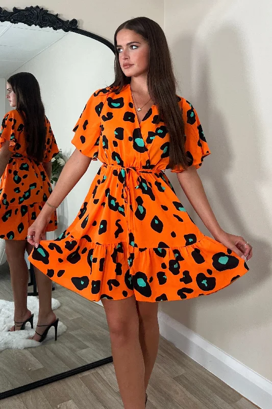 Leather mini dresses for a edgy styleJazlyn Orange Animal Wrap Mini Dress