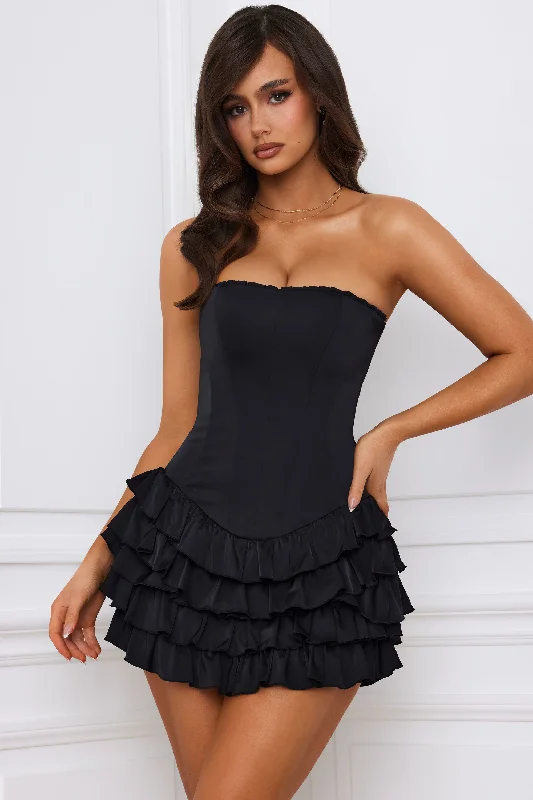 Mini dresses with polka dot patternsBandeau Ruffled Tiered Corset Mini Dress in Black Mini dresses with polka dot patternsBandeau Ruffled Tiered Corset Mini Dress in Black